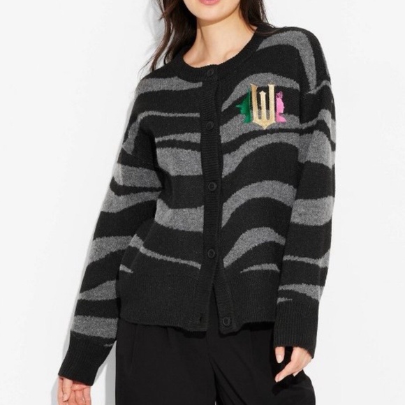 Paul Tazewell Wicked Sz M Black/Grey Stripe Button Cardigan embroidered Graphic - Picture 3 of 12